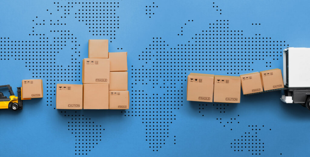 Boxes are being taken from a forklift to a truck to represent GlobalPost shipments being sorted and shipped.