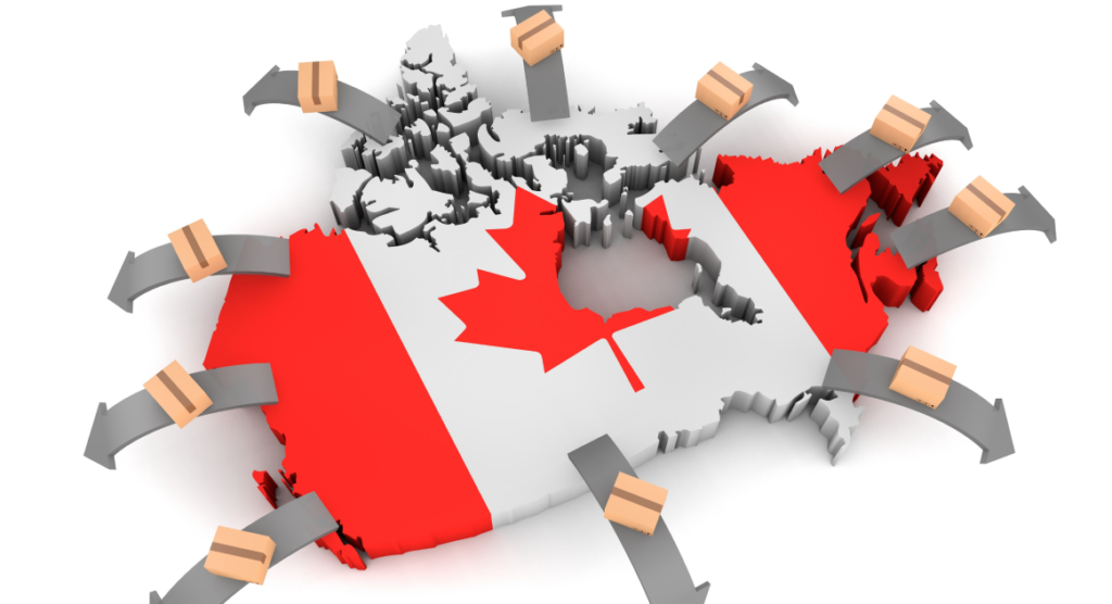 A 3D map of Canada shows conveyer belts with packages coming out of every direction